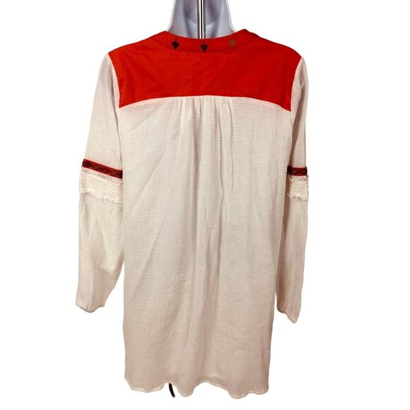 Esley Top Women  Size S White Orange Embroidered Geometric V neck Long Sleeves - Picture 4 of 13